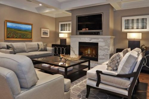 White Textured Fireplace with Beige Wall Color for Beautiful Family Room Ideas with Impressive Sofa Set